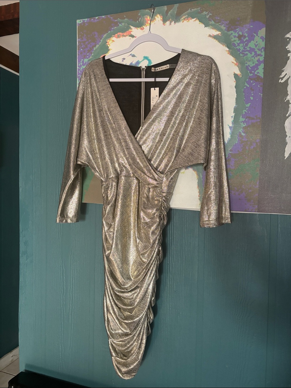 Alice + Olivia Metallic Silver Asymmetrical Ruched Dress
